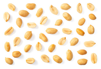 collection of single roasted peeled peanut isolated on white background, top view - obrazy, fototapety, plakaty