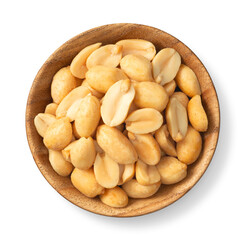roasted peanuts in the wooden bowl, isolated on white background, top view
