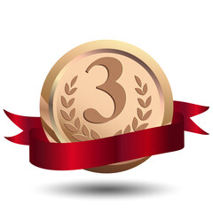 Champion Bronze Medal Template with Red Ribbon. Icon Sign of Third Place Isolated on Transparent Background. Vector Illustration