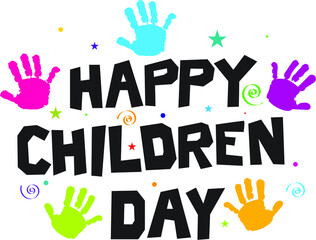 Happy children's day concept. typo and color handprint icons. vector illustrations.