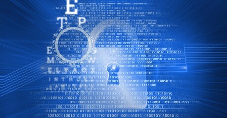 Composition of online security padlock icon, eye test letters, scopes and binary coding