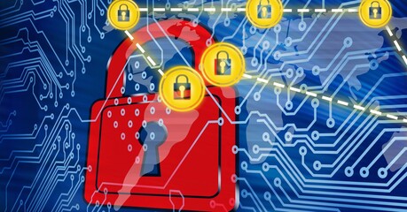 Composition of online security padlock icons over computer circuit board