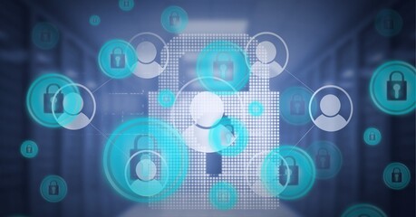 Composition of online security padlock and people icons over computer servers