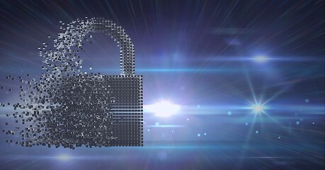 Composition of exploding online security padlock icon formed with grey particles