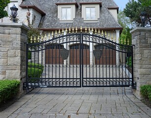 Large house with decorated gate closing the driveway - 437069486