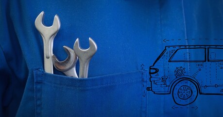 Composition of car icon over tools in blue car mechanic overalls