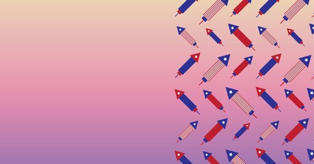 Composition of american flag fireworks with copy space on pink background
