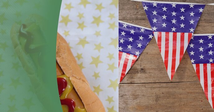 Composition of american flag bunting with hot dog on american flag stars with copy space