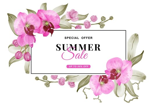 summer sale banner with Orchid pink watercolor