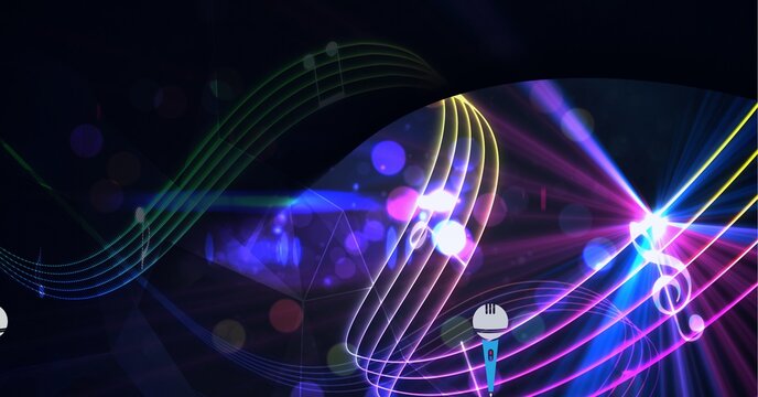 Composition of bending rainbow coloured music stave and notes over colourful lights on black