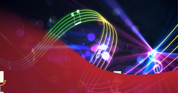 Composition of red curve, curved colourful music stave and notes over purple lights on black