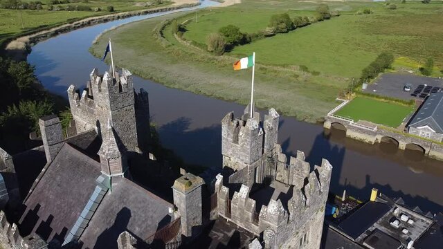 Irish and EU flags on top of the castle's tower