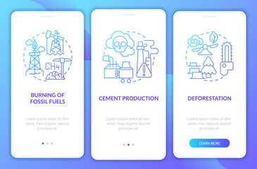Human CO2 releases onboarding mobile app page screen with concepts. Deforestation process walkthrough 3 steps graphic instructions. UI, UX, GUI vector template with linear color illustrations