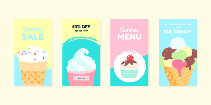 Summer backgrounds. Set of bright backdrops decorated with ice-cream. Editable templates for social networks and stories. Vector 10 EPS.