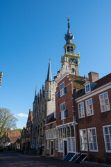 City view on old medieval houses in small historical town Veere in Netherlands, province Zeeland
