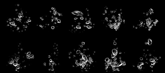 set water bubble white oxygen air, in underwater clear liquid with bubbles flowing up on the water surface, isolated on a black background