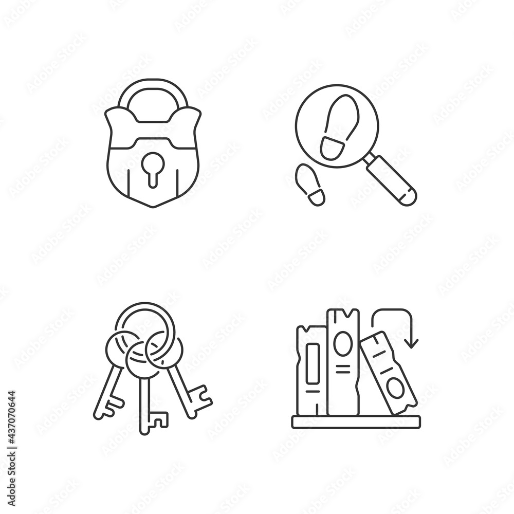 Poster solving mystery linear icons set. vintage padlock. keys on ring for lock. solving puzzles. part of q