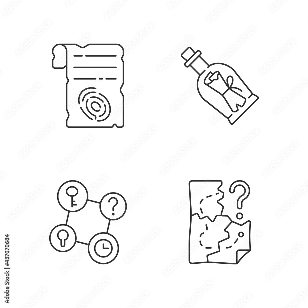 Poster mystery quest linear icons set. paper shit with fingerprint. message in bottle. part of mystery ques