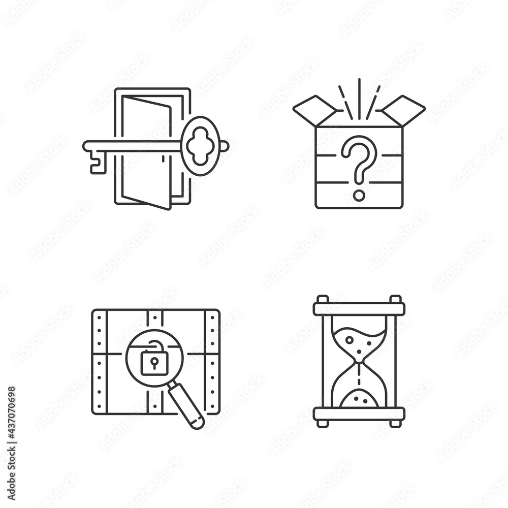 Poster puzzle linear icons set. find key to get out. mystery box. time countdown. clues for riddle. customi