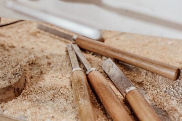 Wood cutters on the table, instrument for woodwork