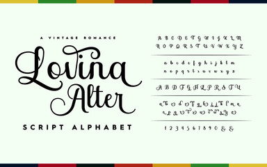 Alphabet typeface script style. Vector illustration fonts a to z and number. Typography handwriting font set. 
