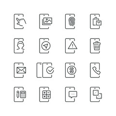 Mobile apps related icons: thin vector icon set, black and white kit