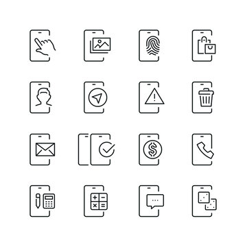 Mobile apps related icons: thin vector icon set, black and white kit