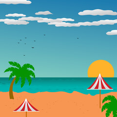 Fototapeta na wymiar beautiful beach scene on tropical island with beach umbrella, sunset .