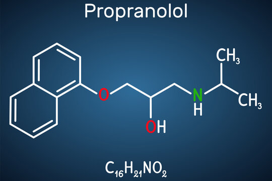 Propranolol molecule. It is synthetic, nonselective beta blocker, used to treat for hypertension. Structural chemical formula on the dark blue background