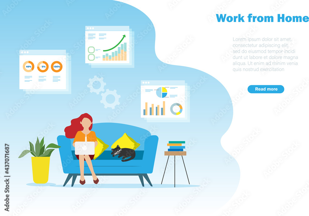 Poster woman working at home on computer with business analysing graph and chart. idea for global online te