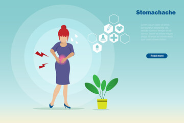 Woman suffering at stomach pain. Idea for menstuation period, appendicitis, gastric ulcer pain. Medical, healthcare and health insurance concept.