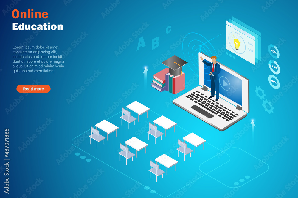 Poster online virtual video tutorials on computer. isometric view. idea for online education, e learning fo