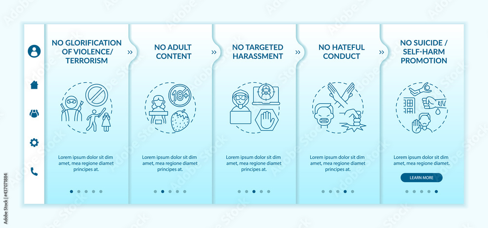 Poster social media conversation safety onboarding vector template. responsive mobile website with icons. w