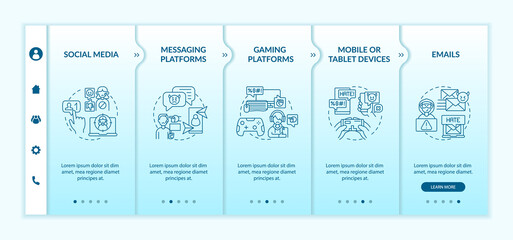 Cyberharassment channels onboarding vector template. Responsive mobile website with icons. Web page walkthrough 5 step screens. Emails, gaming platforms color concept with linear illustrations