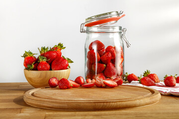 Fresh red strawberries on table and free space for your decoration 