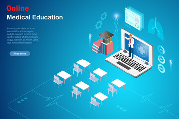 Online medical education Technology concept. Doctor lecturing in classroom via remote online video on computer with student tables and chairs. Idea for global  virtual technology in medical school.