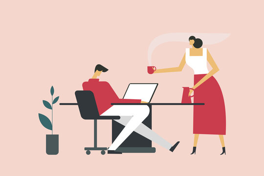 Illustration of a man working on his laptop and woman serving him coffee