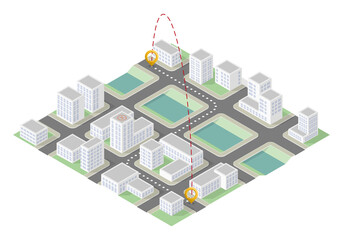 Isometric city map navigation, point markers background, isometry drawing schema, 3D simple city plan GPS navigation, final destination arrow paper city map. Route delivery check point graphic