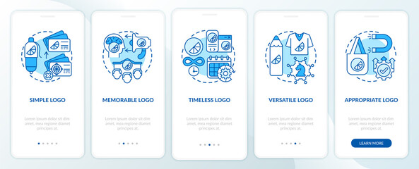 Fototapeta na wymiar Logo design rules onboarding mobile app page screen with concepts. Simple, memorable logo walkthrough 5 steps graphic instructions. UI, UX, GUI vector template with linear color illustrations