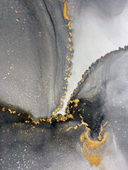 Abstract grey art with gold — black and white background with beautiful smudges, stains and splashes made with alcohol ink. Fluid art texture resembles smoke, stone, marble, watercolor or aquarelle.