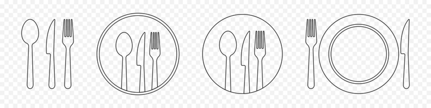 Set of outline cutlery. Fork, knife, spoon and plate. Vector illustration isolated on transparent background