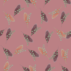 Seamless random pattern with abstract doodle lily of the valley shapes. Pale pink and purple colors artwork.