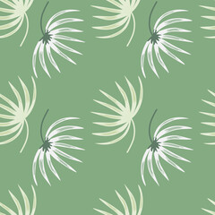 Fototapeta na wymiar White hand drawn botanic leaves shapes seamless pattern. Light green background. Abstract backdrop.