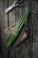 Fresh green onions on an old wooden table. Dark background.