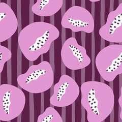Random lilac seamless pattern with purple abstract shapes. Striped background. Scrapbook modern ornament.