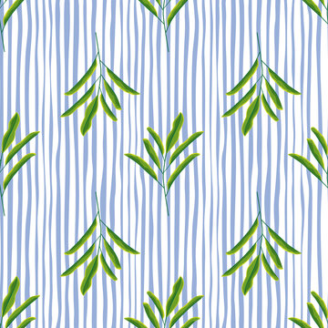Botanic seamless pattern with simple green minimalistic leaves branches. Blue and white striped background. © smth.design