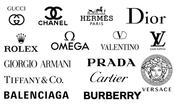 Vector logos of popular clothing brands such as: Chanel, Louis Vuitton,  Prada, Gucci, Fendi, Hugo Boss, Calvin Klein, Nike, Reebok Logos on an  isolated background for your design. Vector EPS 10 Stock