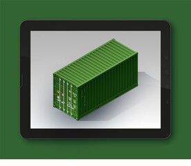 Isometric shipping container on touch screen tablet. Online Shopping select mobile phone, Pc, Computer Monitor and Laptop Screen. Isometry cargo containers on display. Vector 3D Illustration