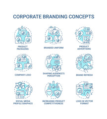 Corporate branding concept icons set. Increasing product competitiveness idea thin line color illustrations. Branded uniform. Company logo. Vector isolated outline drawings. Editable stroke