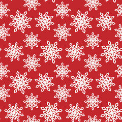 Beautiful white snowflakes isolated on a red background. Cute Christmas winter seamless pattern. Vector simple flat graphic illustration. Texture.